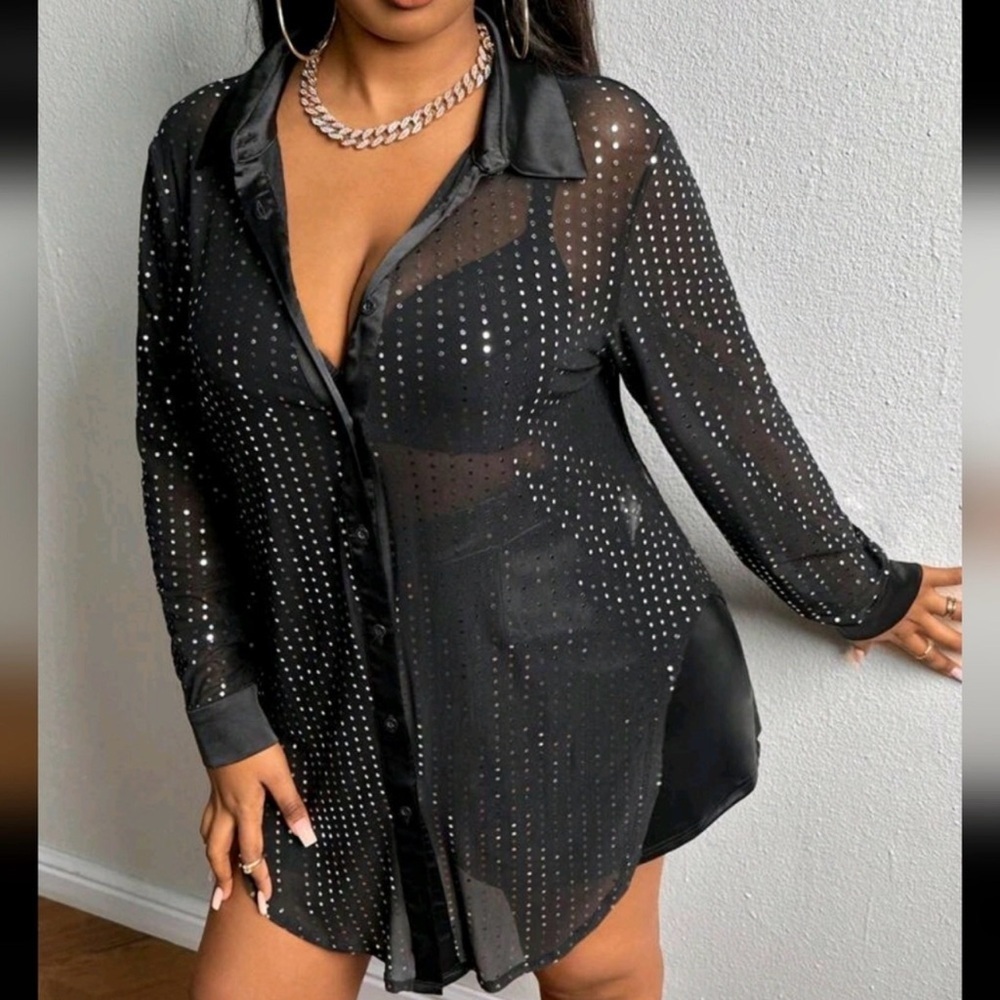 whimsigoth Black Sheer Rhinestone Mesh 1XL Button Up Shirt Curve Clubwear Glam